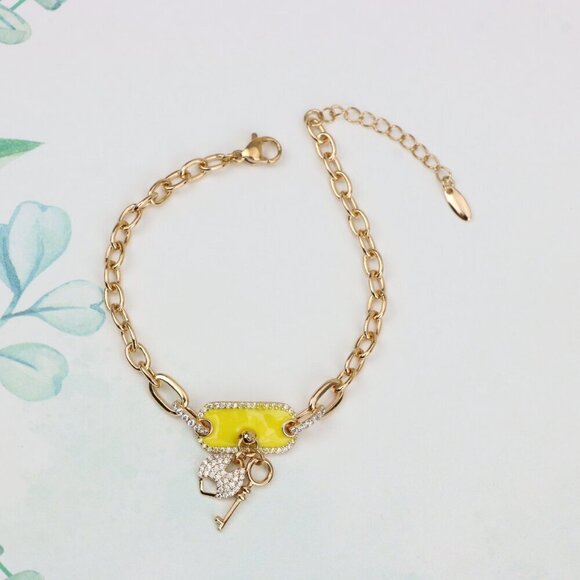 "Rose Gold Bracelet with Yellow Charm and Crystal Lock & Key, XPBL0890 - Picture 4 of 12